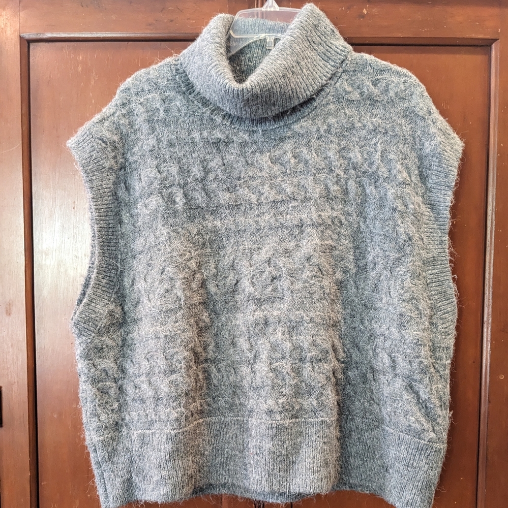 Cozy Blue-Gray Cable Knit Cowl neck Sweater Vest